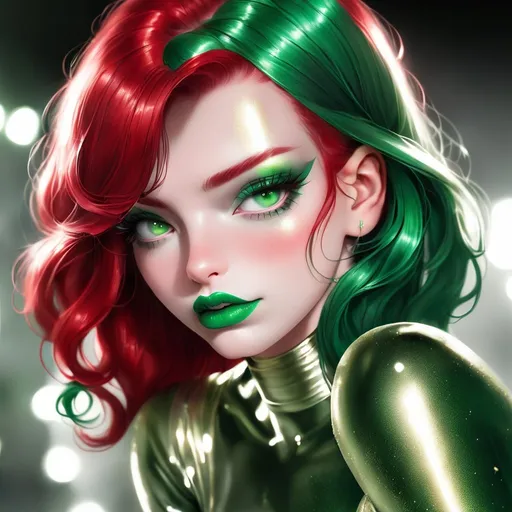 Prompt: jenna lynn mewowri  metallic  green eyeshadow  and metallic green lips and red hair