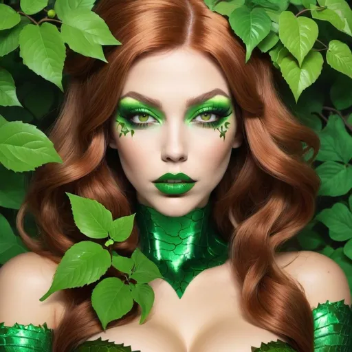 Prompt: Poison ivy hypnotizing a Hypnotic bimbo  bronze  hair  green lips 