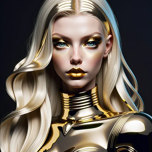 Prompt: Hypnotic bimbo  platinum  blonde straight long hair  gold lips and   gold  eyeshadow   