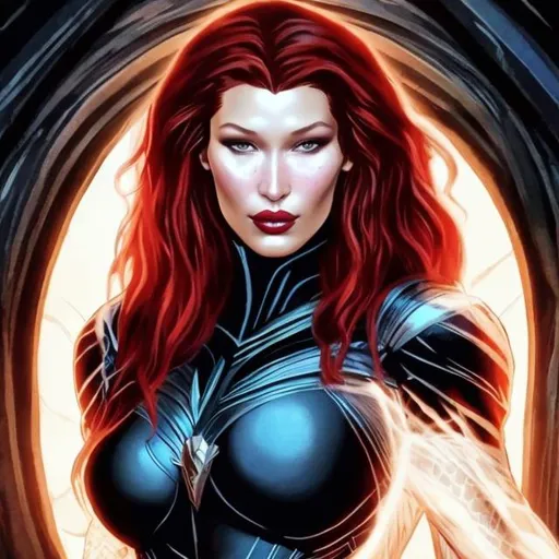 Prompt: Bella hadid as the goblin  queen with red hair marvel comic style 