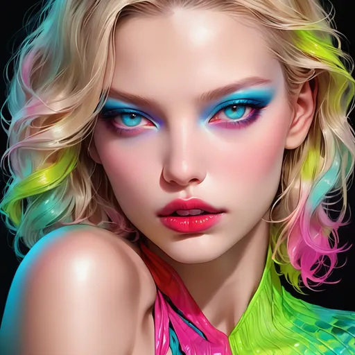 Prompt:  Sasha Luss  portrait, hypnotic   siren , digital painting, dramatic colourful makeup, high fashion, intense gaze, realistic portrayal, vibrant colors, detailed features, highres, professional, dramatic, realistic, digital painting, intense gaze, vibrant colors, detailed features, high fashion, glamorous lighting