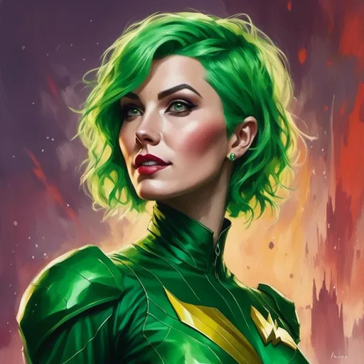 Prompt:  Green  short hair Supervillainess <mymodel>