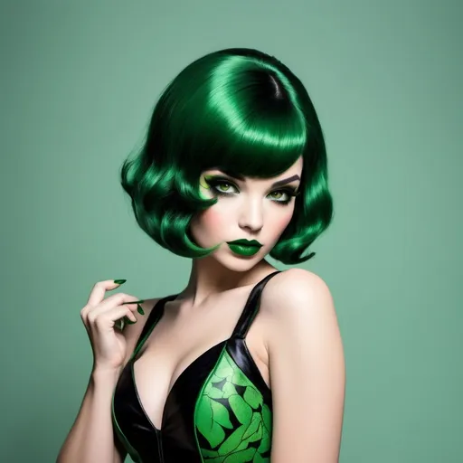Prompt:  Poison ivy  with a short black bob hair style      green lips  bimbo