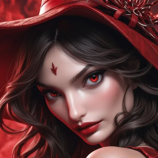 Prompt: Lily aldridge hypnotic bimbo wicked red  witch  close up portrait 