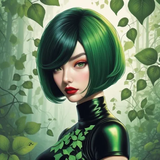 Prompt: Poison ivy with short black bob hair cut