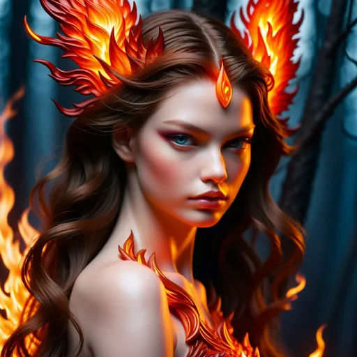Prompt: ruslana korshunova   as a  flame   nymph close up portrait 