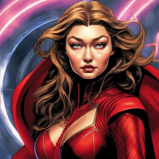 Prompt: Gigi hadid as the scarlet witch in marvel comic , close up portrait 