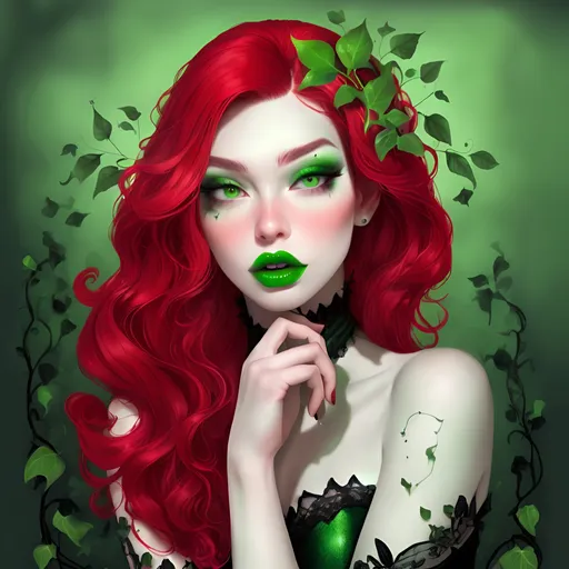 Prompt: <mymodel> poison ivy   green lips red hair green eyeshadow goth digital art 