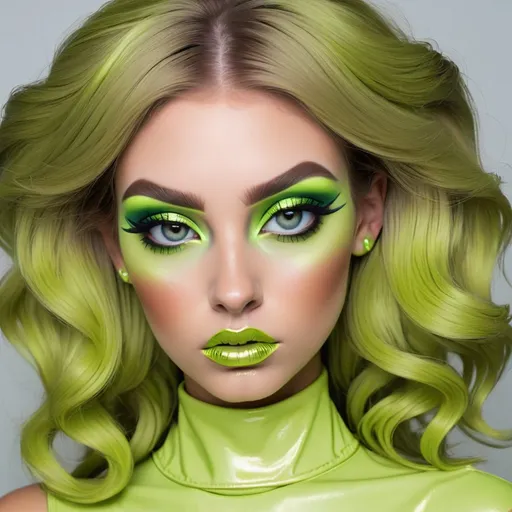 Prompt: Madelyn Cline  as hypnotic  bimbo metallic   lime green makeup         