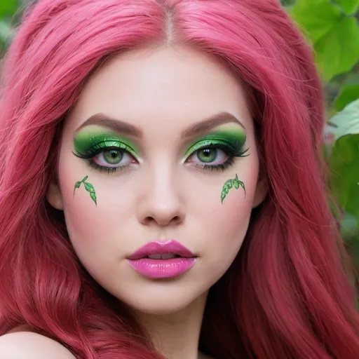 Prompt: <mymodel> poison ivy close up portrait 
   bimbo hypnotic pink makeup long  hair 