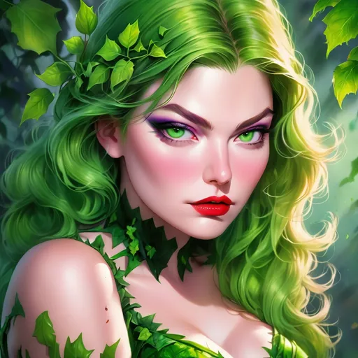 Prompt:  Elisha Cuthbert  portrait, poison ivy, digital painting, dramatic colourful makeup, high fashion, intense gaze, realistic portrayal, vibrant colors, detailed features, highres, professional, dramatic, realistic, digital painting, intense gaze, vibrant colors, detailed features, high fashion, glamorous lighting, green eyeshadow , green makeup 