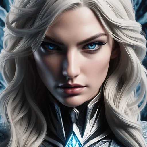 Prompt: Hypnotic Close up portrait Lilly Aldridge as killer frost       