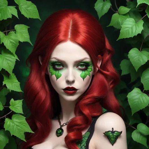 Prompt: Goth Poison ivy hypnotizing a Hypnotic bimbo  red  hair  green lips 