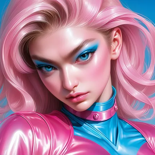 Prompt: Gigi hadid  with blue eyeshadow as a bimbo in pink  latex close up portrait 