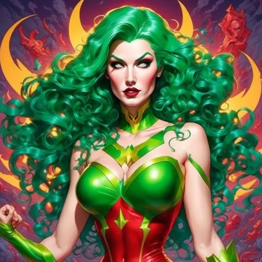 Prompt: Green hair Supervillainess hypnotic bimbo <mymodel>