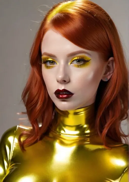 Redhead Bimbo In Cooper Latex With Copper Lips