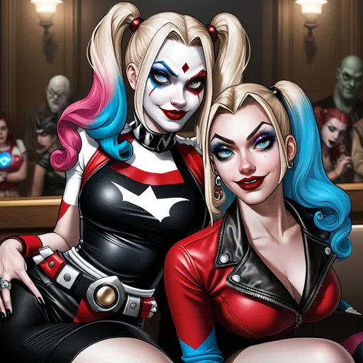 Prompt: Harley Quinn hypnotized by   hypnotic bimbo 