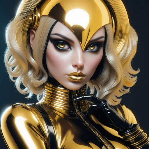 Prompt: Hypnotic bimbo   goth bimbot in gold latex close up portrait 