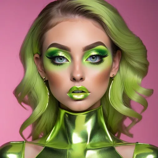 Prompt: Madelyn Cline  as hypnotic  bimbo metallic   lime green makeup         