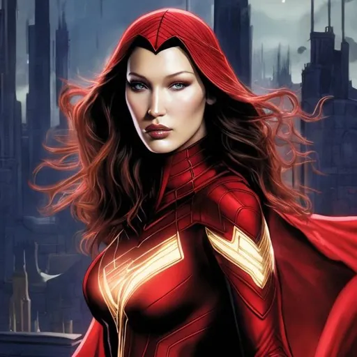 Prompt: Bella hadid as the scarlet witch in marvel comic , close up portrait 