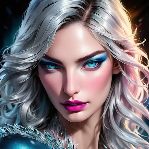 Prompt:  Lily Aldridge  portrait, killer frost, digital painting, dramatic colourful makeup, high fashion, intense gaze, realistic portrayal, vibrant colors, detailed features, highres, professional, dramatic, realistic, digital painting, intense gaze, vibrant colors, detailed features, high fashion, glamorous lighting