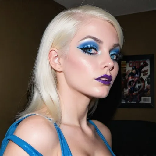Prompt: Hypnotic bimbo platinum blonde in marvel comics blue eyeshadow 