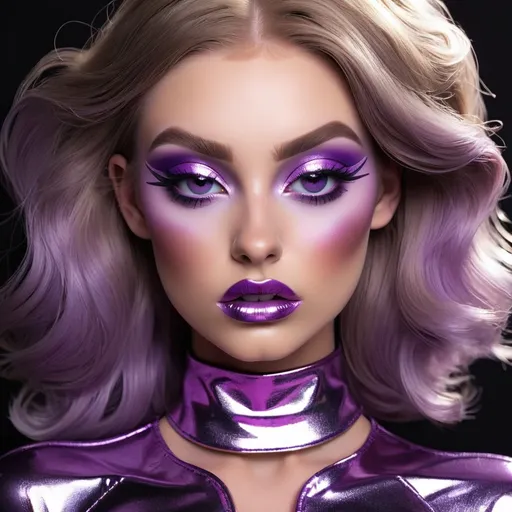 Prompt: Madelyn Cline  as hypnotic  bimbo metallic   purple makeup         