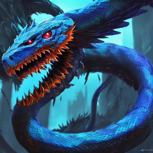 Prompt: Digimon snake, digital painting, detailed wings, vibrant colors, glowing eyes, dynamic pose, intricate details, intense and mysterious, fantasy, surreal lighting, night scene, highres, digital art, dynamic, surreal, vibrant, detailed wings, mysterious eyes, intense, fantasy art, intricate, night lighting