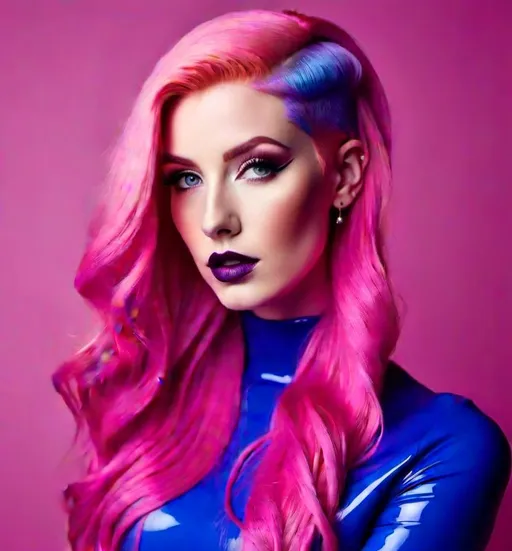 Prompt: <mymodel> pink hair  blue purple latex 