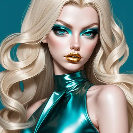 Prompt: Hypnotic bimbo  platinum  blonde straight long hair  gold lips and teal eyeshadow 