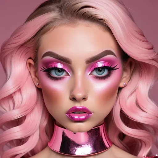 Prompt: Madelyn Cline  as hypnotic  bimbo metallic   pink makeup         