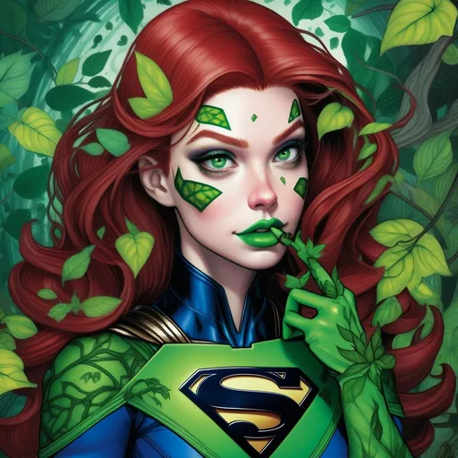 Prompt: Supergirl  hypnotized by poison ivy with green lips