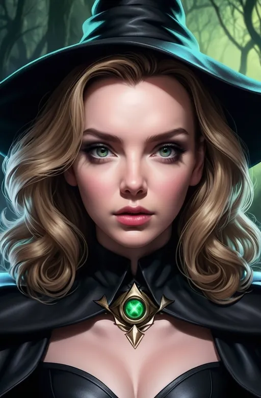 Prompt: Jodie Comer  hypnotic bimbo 
    close up portrait       pretty  wicked witch
 