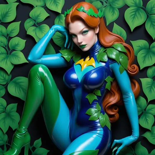 Prompt: Poison ivy ginger green lips blue latex body suit 