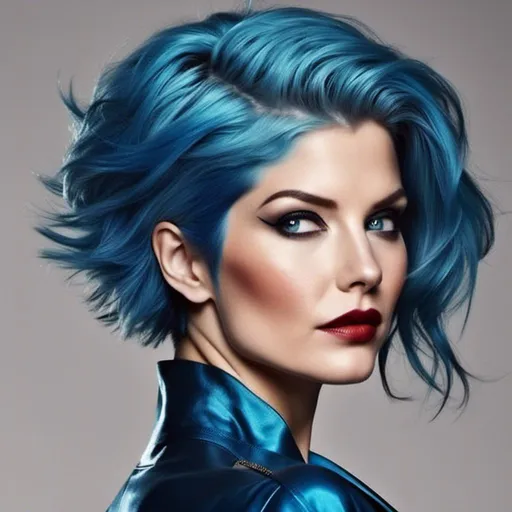 Prompt:  blue  short hair Supervillainess <mymodel>