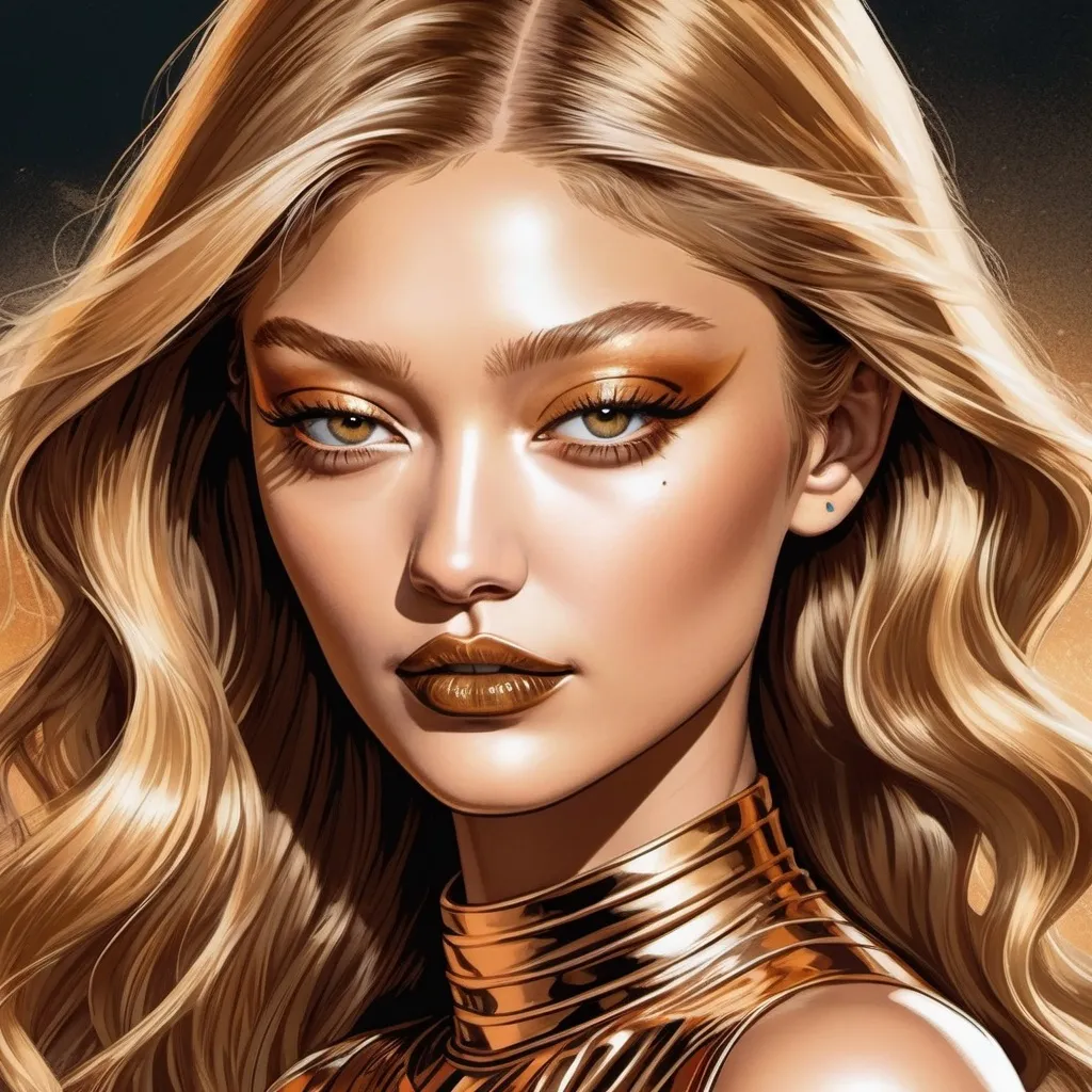 icy-snail165: instrinsic eye detailed,perfect face Gigi Hadid,nud e,  goddess of pride as a pale,creamy super muscular women,big breast wearing a  very ornate superhero armor , full body, g cup breast,bokeh blur background  