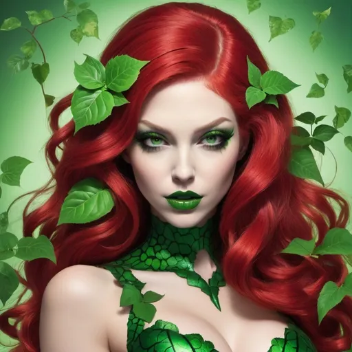 Prompt: Poison ivy hypnotizing a Hypnotic bimbo  crimson  hair  green lips 