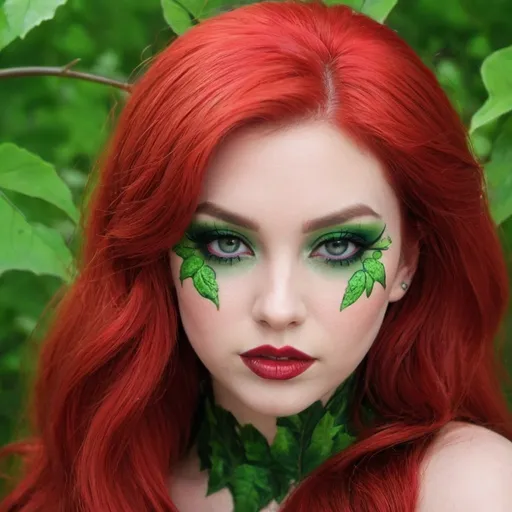 Prompt: <mymodel> poison ivy close up portrait 
   bimbo hypnotic red makeup 