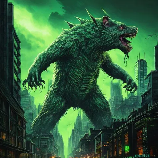Prompt: Mutant giant rat kaiju, textured digital art, towering over city, sharp claws and teeth, radioactive green tones, dynamic lighting and shadows, high quality, detailed texture, monstrous, kaiju, giant rat, city destruction, digital art, textured, radioactive green, menacing, dynamic lighting