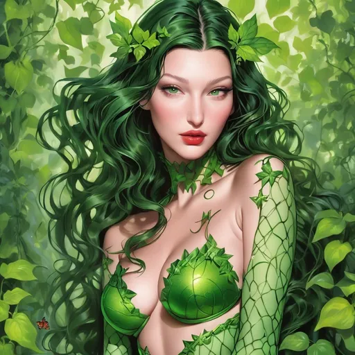 Prompt: Bella hadid Ai art  hypnotic poison ivy green skin