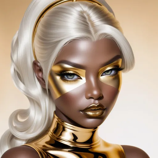 Prompt: Hypnotic bimbo  platinum  blonde bronze skin gold lips and eyeshadow 