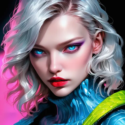 Prompt:  Sasha Luss  portrait,  killer frost, digital painting, dramatic colourful makeup, high fashion, intense gaze, realistic portrayal, vibrant colors, detailed features, highres, professional, dramatic, realistic, digital painting, intense gaze, vibrant colors, detailed features, high fashion, glamorous lighting