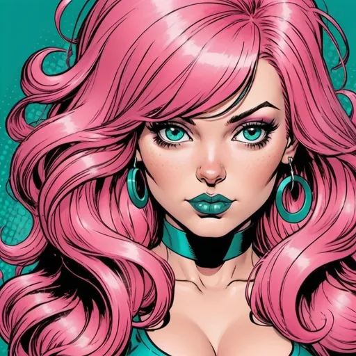 Prompt: Hypnotic     bimbo pink  hair  in marvel  comics   teal 