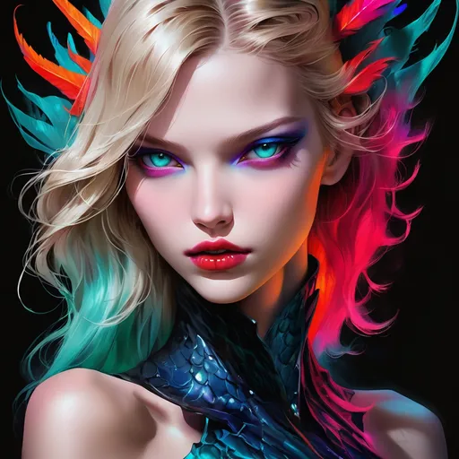 Prompt:  Sasha Luss  portrait, dark evil   siren , digital painting, dramatic colourful makeup, high fashion, intense gaze, realistic portrayal, vibrant colors, detailed features, highres, professional, dramatic, realistic, digital painting, intense gaze, vibrant colors, detailed features, high fashion, glamorous lighting