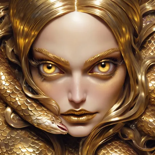 Prompt: Hypnotic evil gold  mermaid 