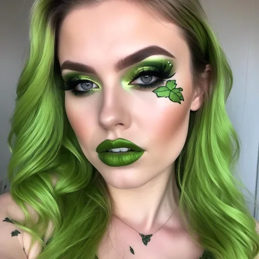 Prompt: <mymodel> poison ivy lime green lips and eyeshadow portrait 