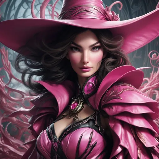 Prompt: Lily aldridge hypnotic bimbo wicked pink  witch  close up portrait 