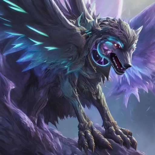 Prompt: Digimon wolf, digital painting, detailed wings, vibrant colors, glowing eyes, dynamic pose, intricate details, intense and mysterious, fantasy, surreal lighting, night scene, highres, digital art, dynamic, surreal, vibrant, detailed wings, mysterious eyes, intense, fantasy art, intricate, night lighting