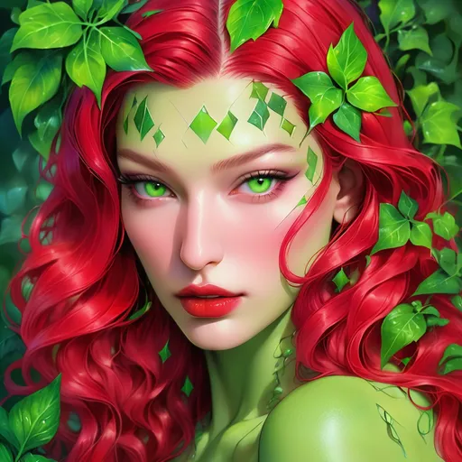 Prompt:  Bella hadid  portrait, poison ivy, digital painting, dramatic colourful makeup, high fashion, intense gaze, realistic portrayal, vibrant colors, detailed features, highres, professional, dramatic, realistic, digital painting, intense gaze, vibrant colors, detailed features, high fashion, glamorous lighting, green skin , green makeup 