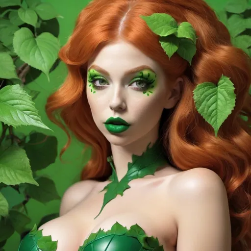 Prompt: Poison ivy hypnotizing a Hypnotic bimbo ginger green lips 